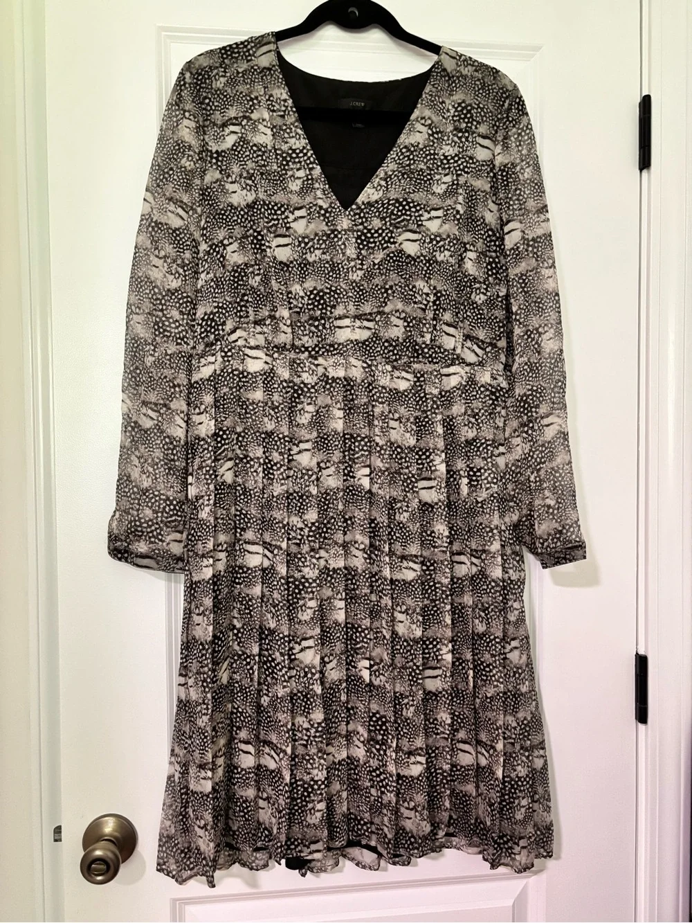 J. Crew Silk Black and White Printed V-Neck Long Sleeve Dress